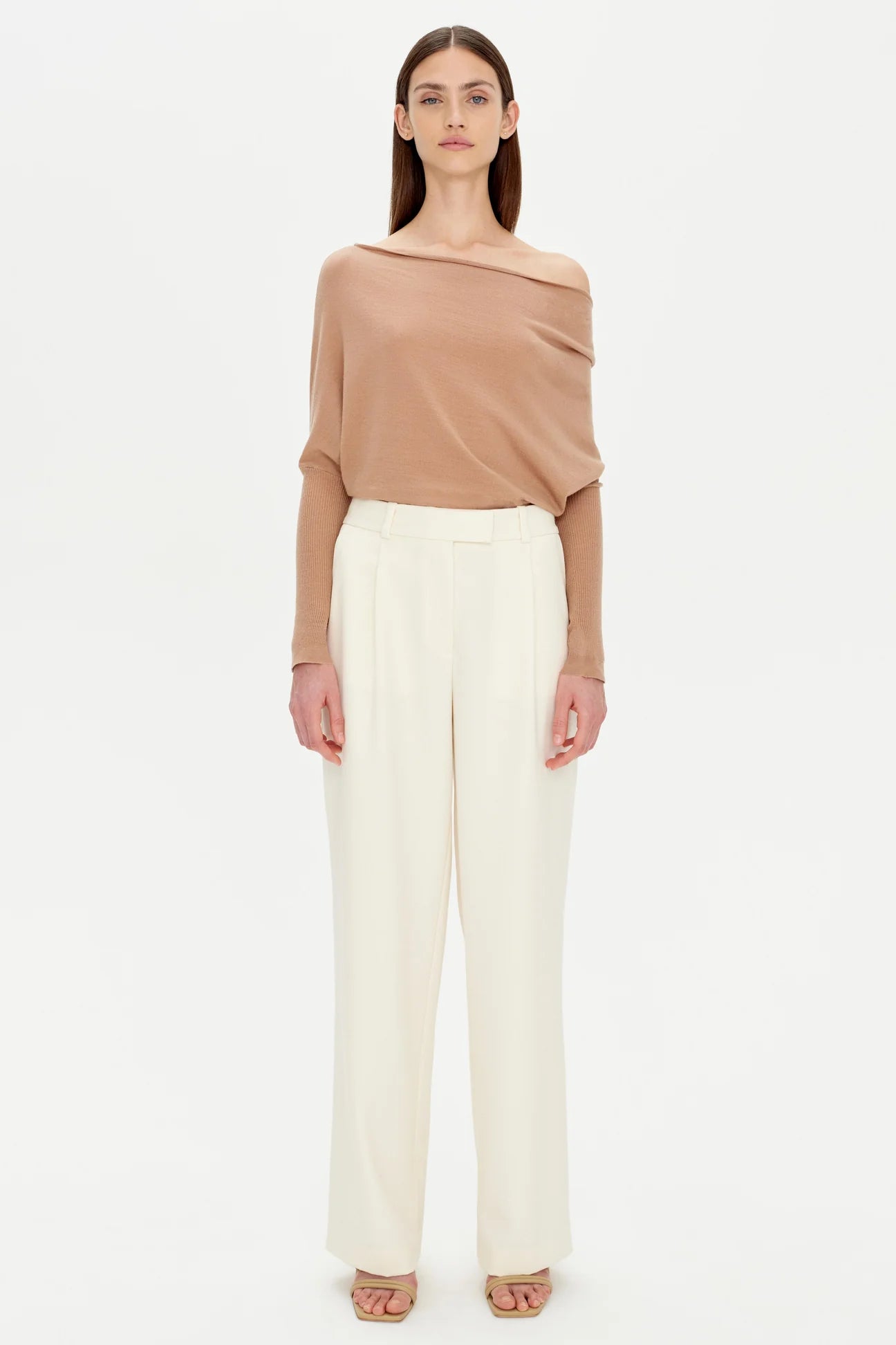 Lavina Draped Off Shoulder Sweater - Camel/Ivory
