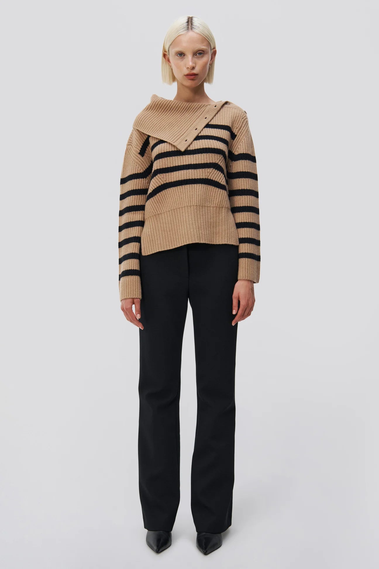 Adrienne Buttoned Turtleneck - Camel Melange Black Stripe