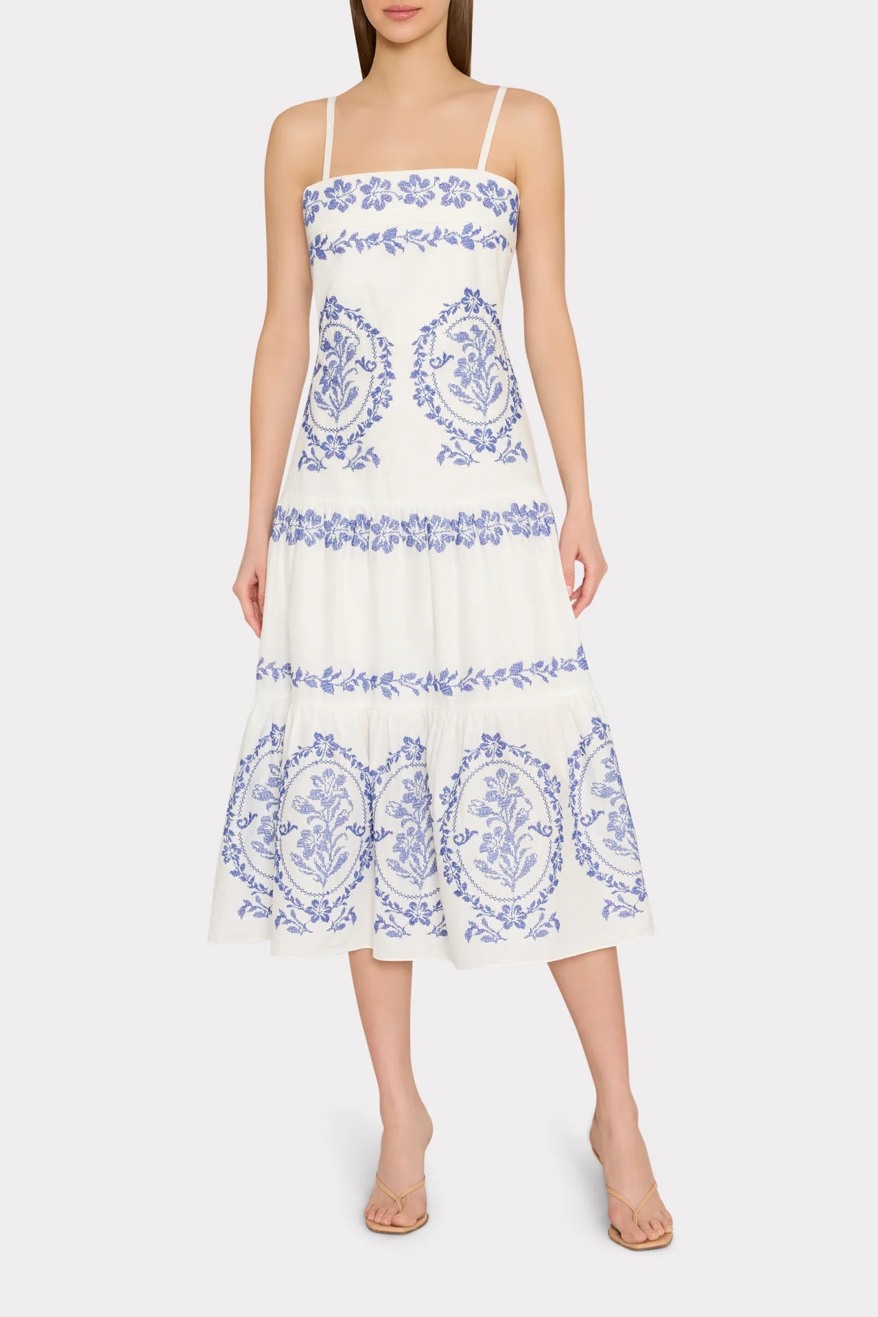 milly embroidered dress Tahlia Floral Sequins Embroidery Cap Sleeve Midi Dress in Silver
