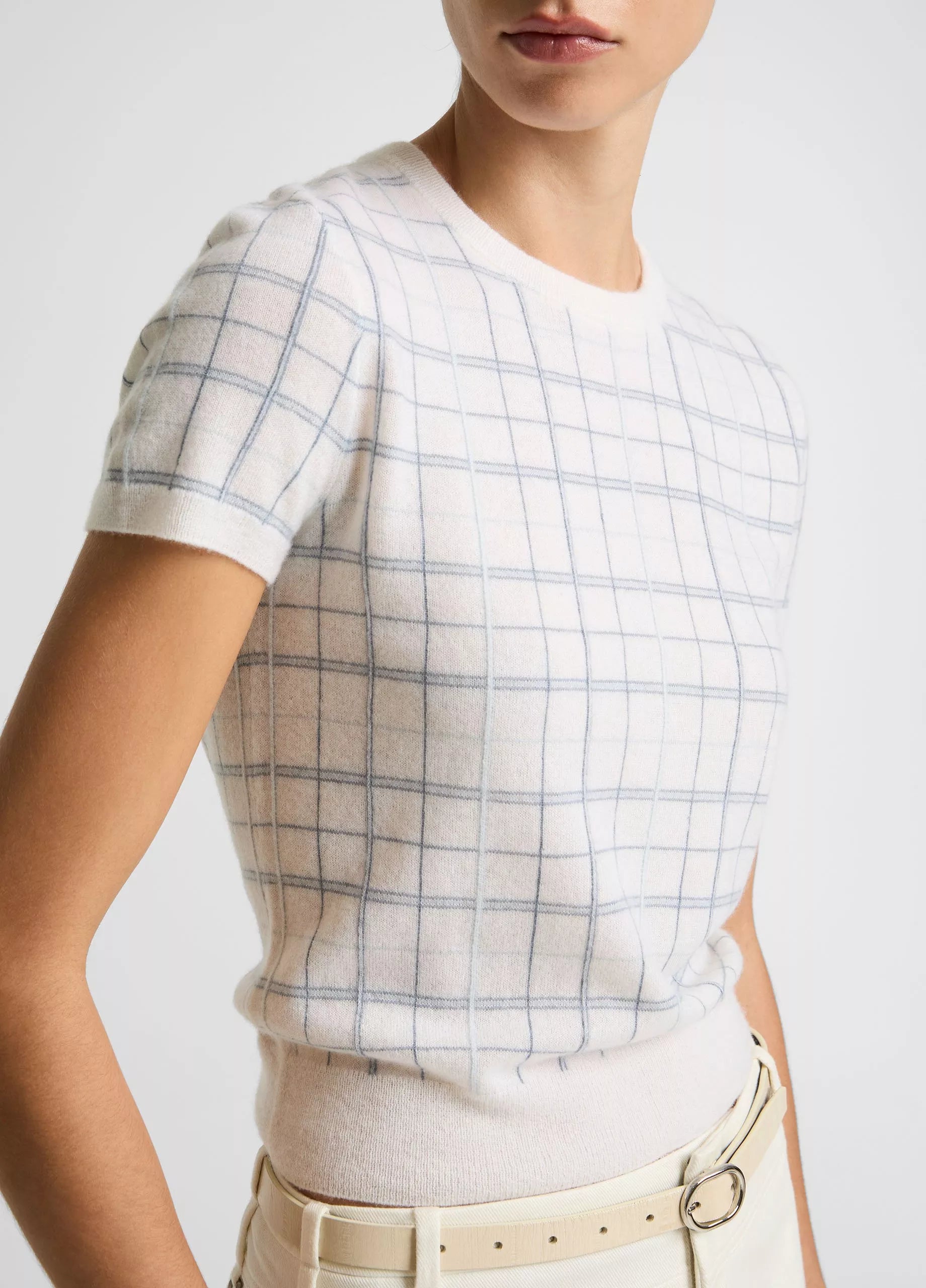 Plaid Cashmere-Blend Short-Sleeve Sweater - Lagoon Combo