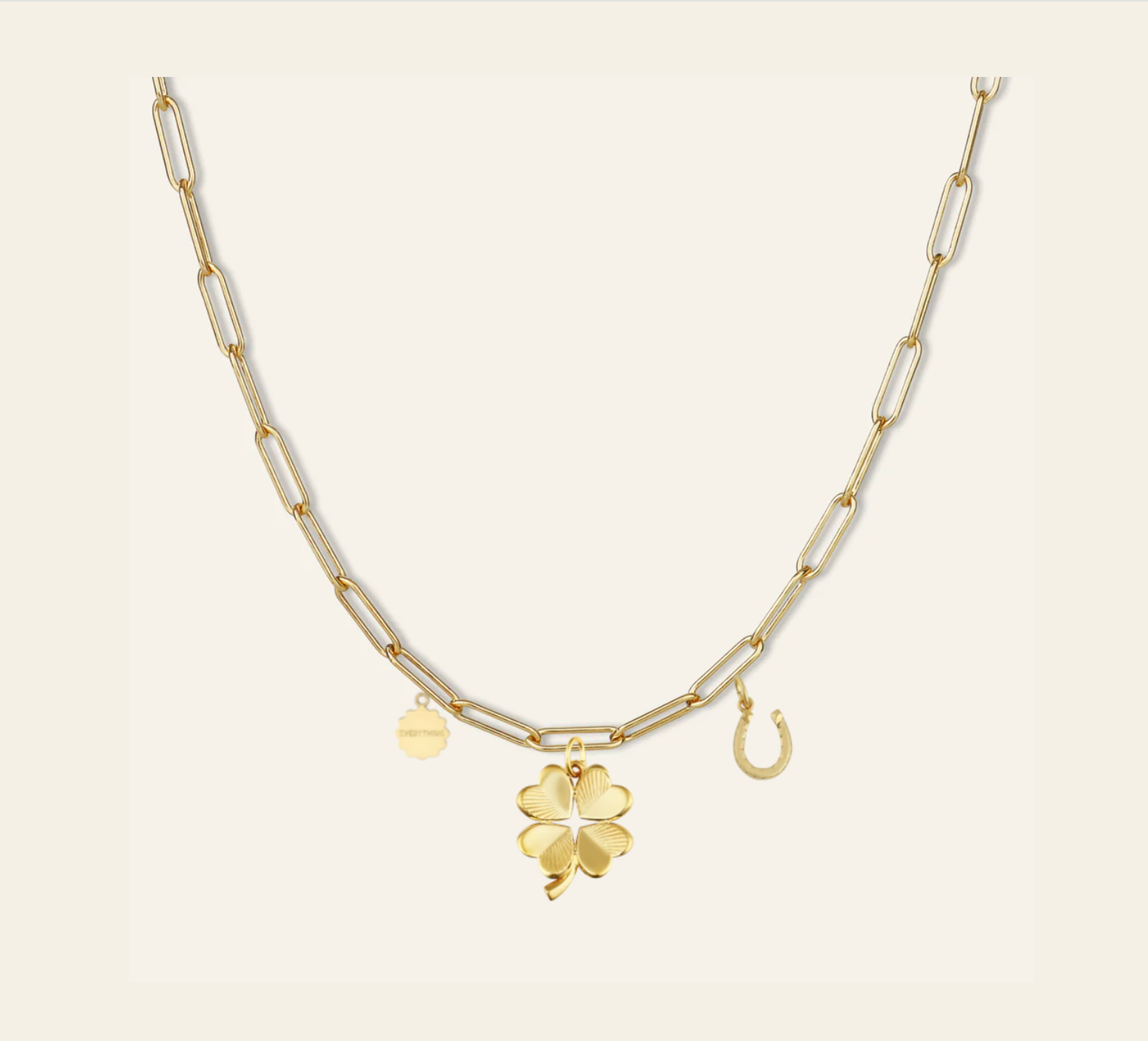Everything, Small Fortuna Horseshoe & Small Luck & Love Clover & 18" Long Link Chain