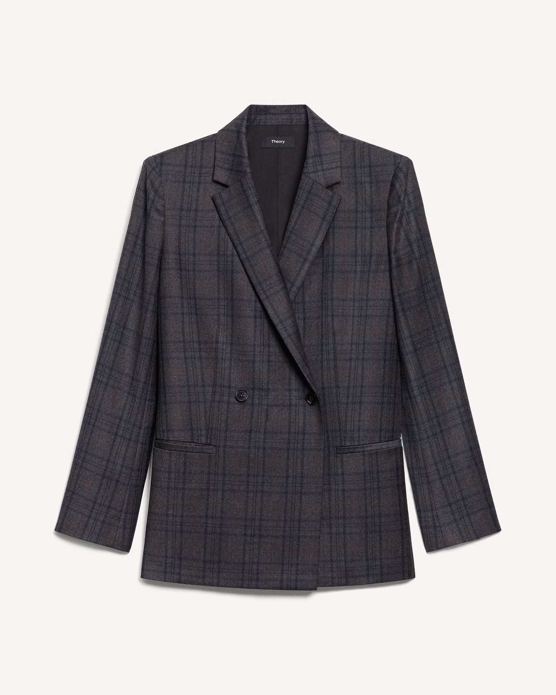 Theory Relaxed Double-Breasted Blazer in Plaid Sleek Flannel
