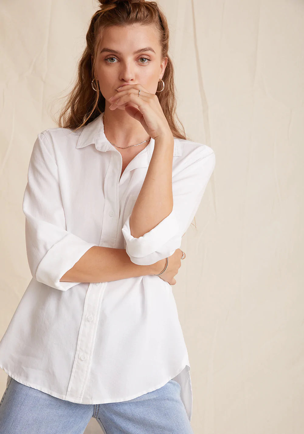 Shirt Tail Button Down - White