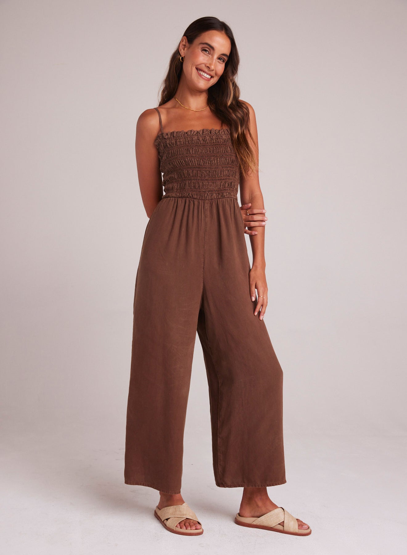 Wide Leg Smocked Ruffle - Jumpsuit - Botanical Brown