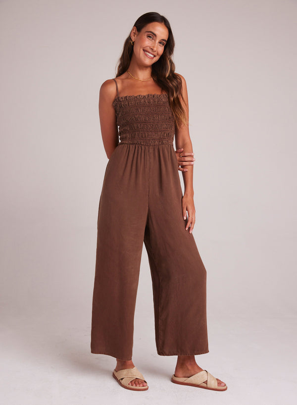 Wide Leg Smocked Ruffle - Jumpsuit - Botanical Brown