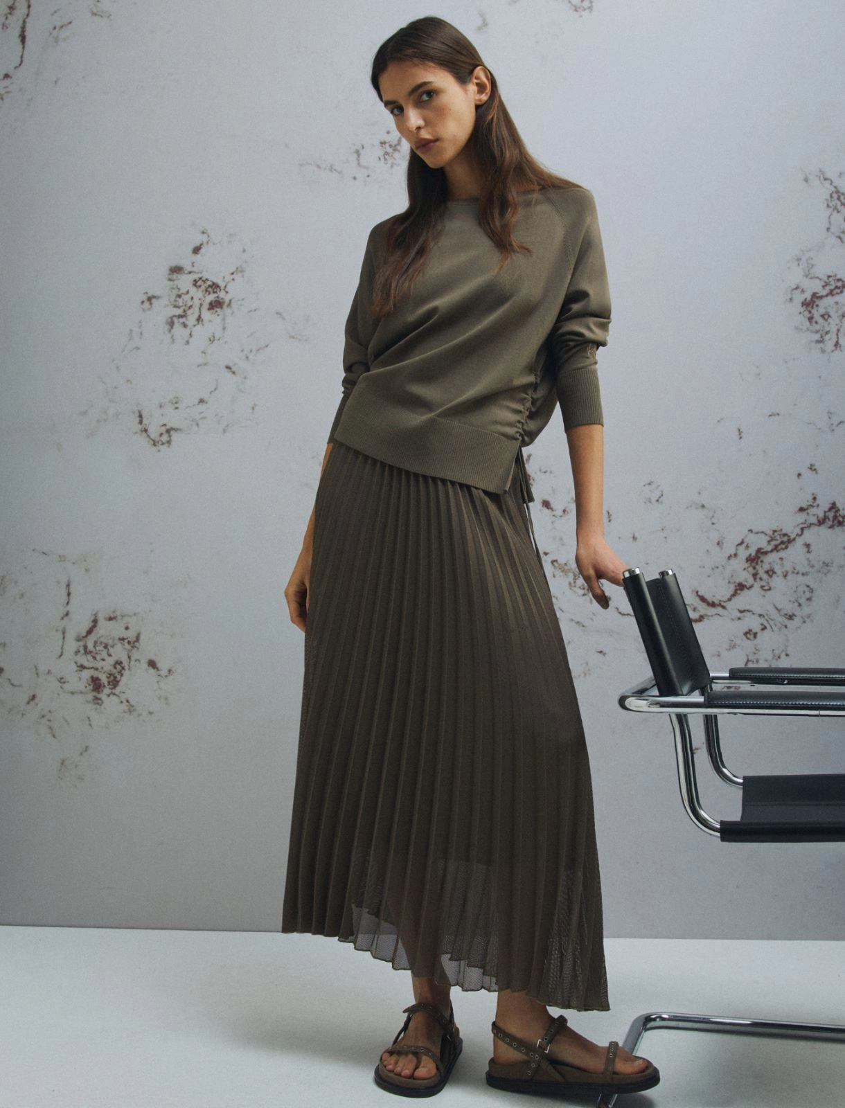 Plissé-Pleated Mesh Calf-Length Skirt