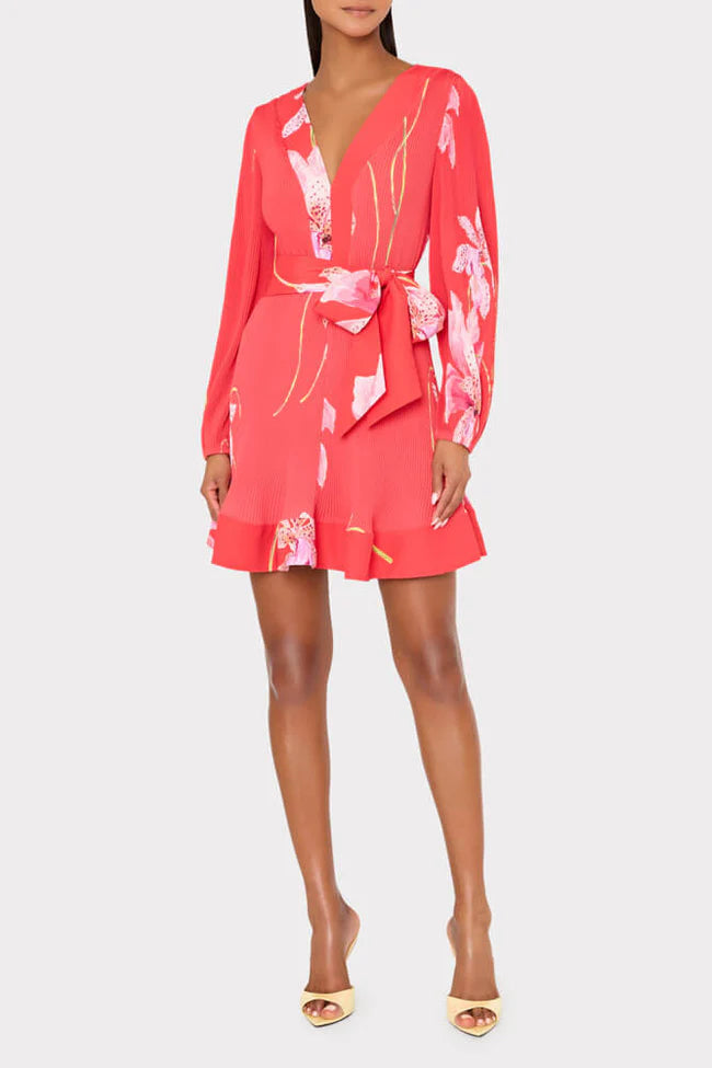 Milly Liv Floral Pleat Dress - Red Floral