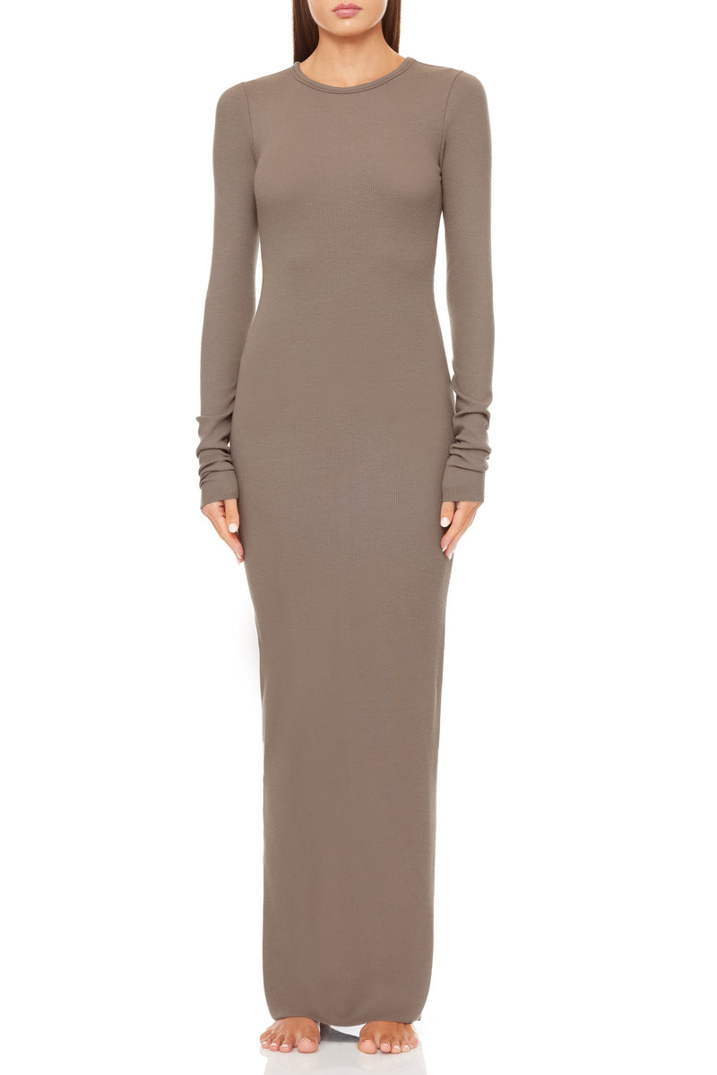 Long Sleeve Crewneck Dress Maxi - Black, Clay