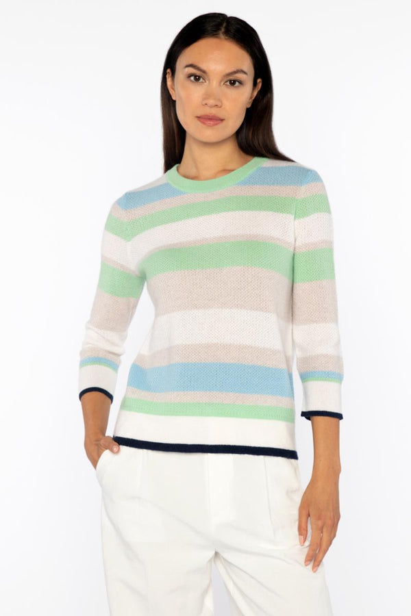 3 Qtr Sleeve Openwork Stripe Crew