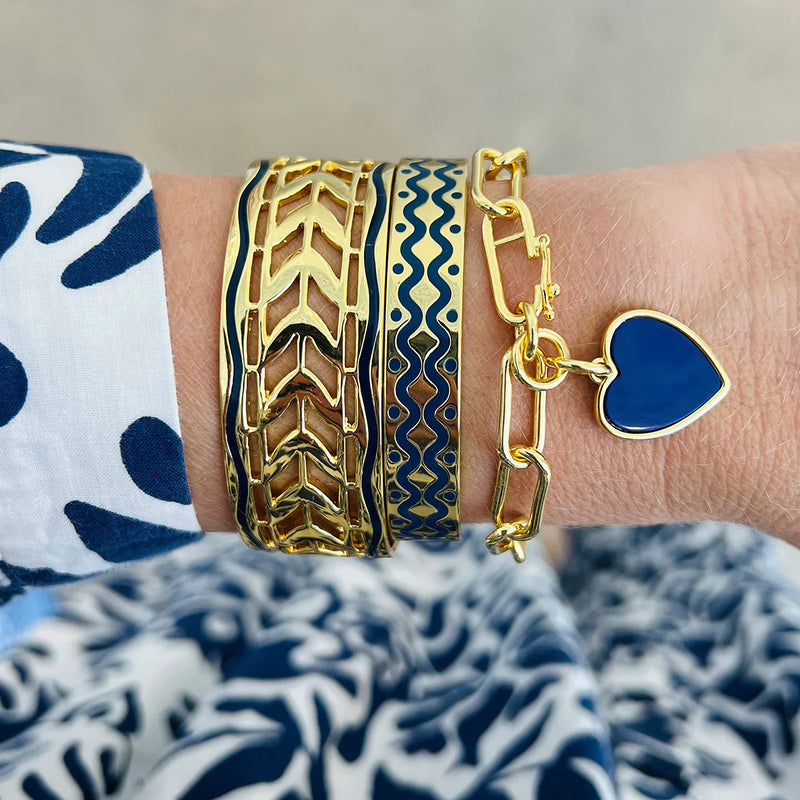 Gold Cuff W/ Squiggle - Ivory, Navy