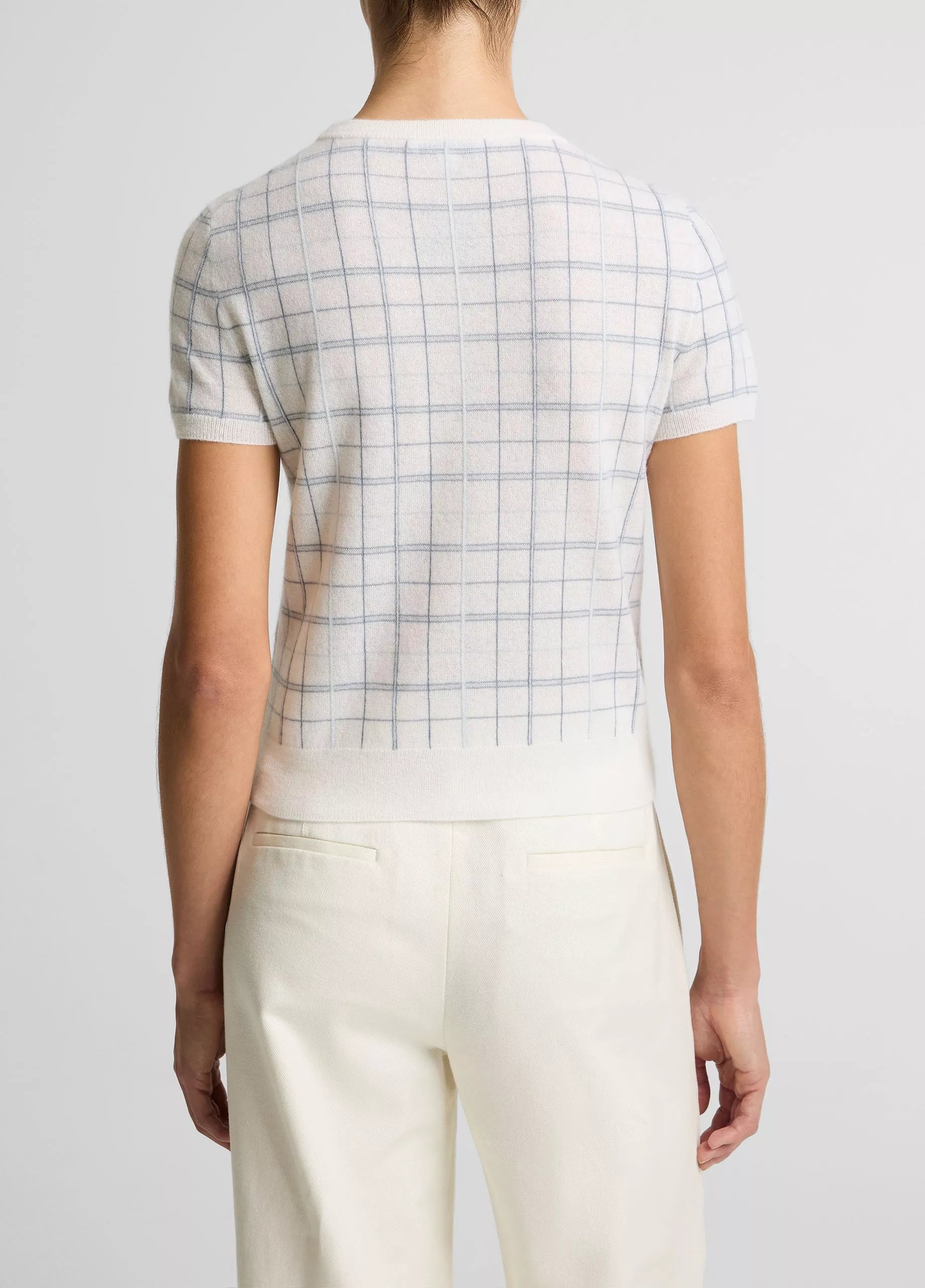 Plaid Cashmere-Blend Short-Sleeve Sweater - Lagoon Combo