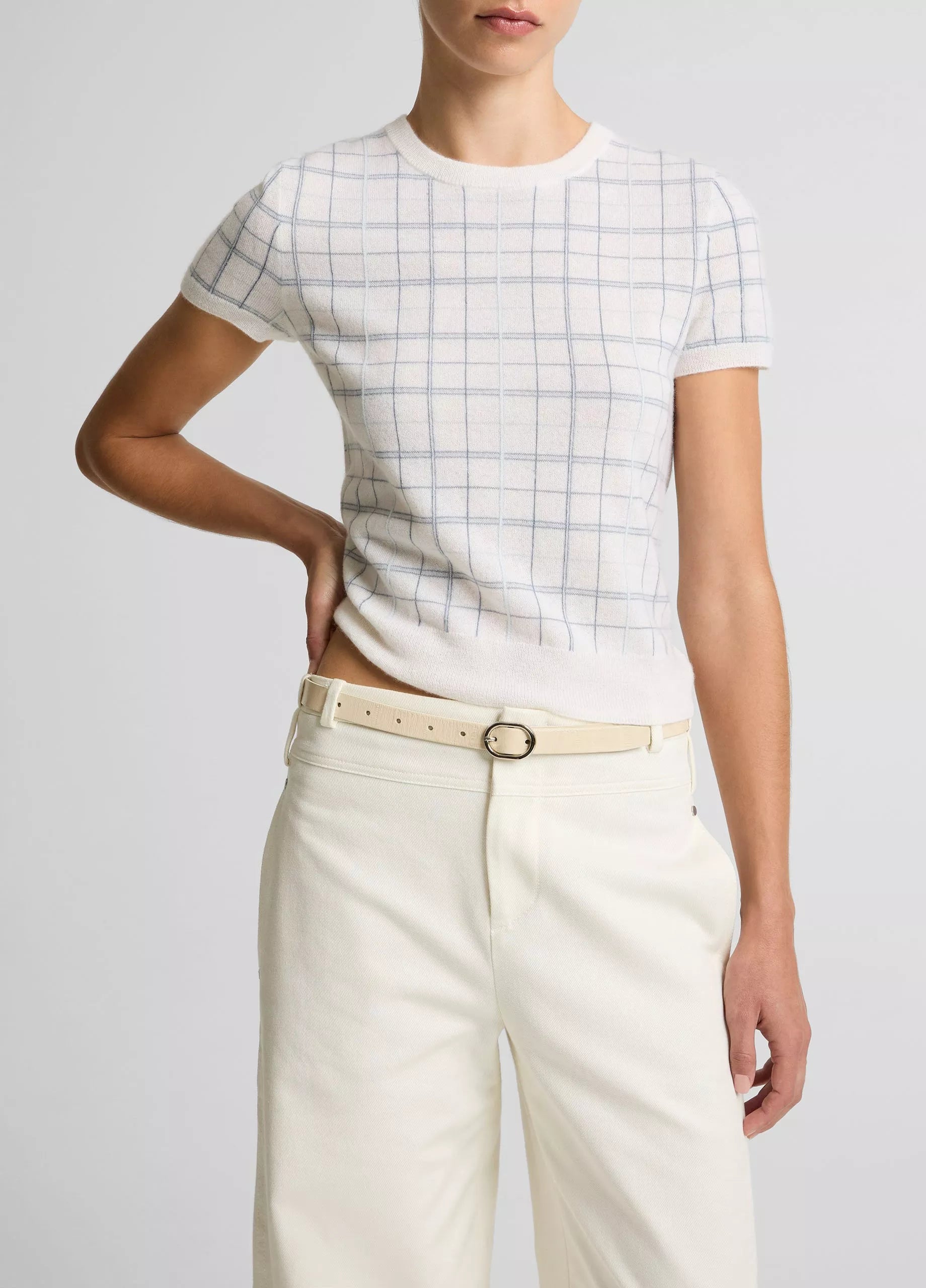 Vince Plaid Cashmere-Blend Short-Sleeve Sweater - Lagoon Combo