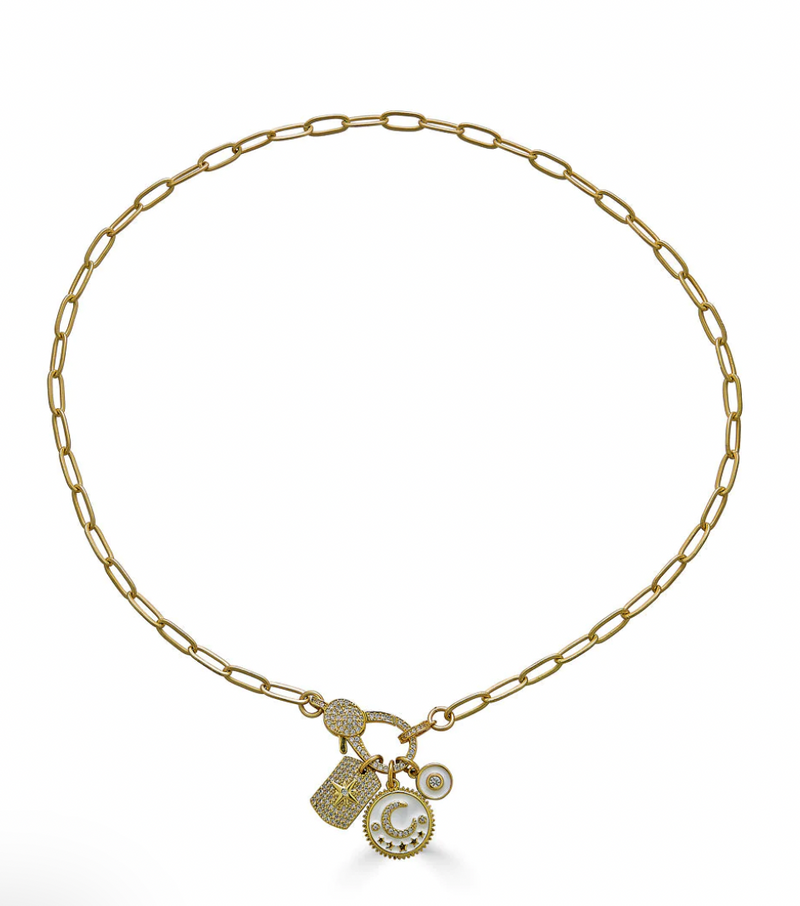 White Moon and Star Charm Necklace on Paperclip Chain