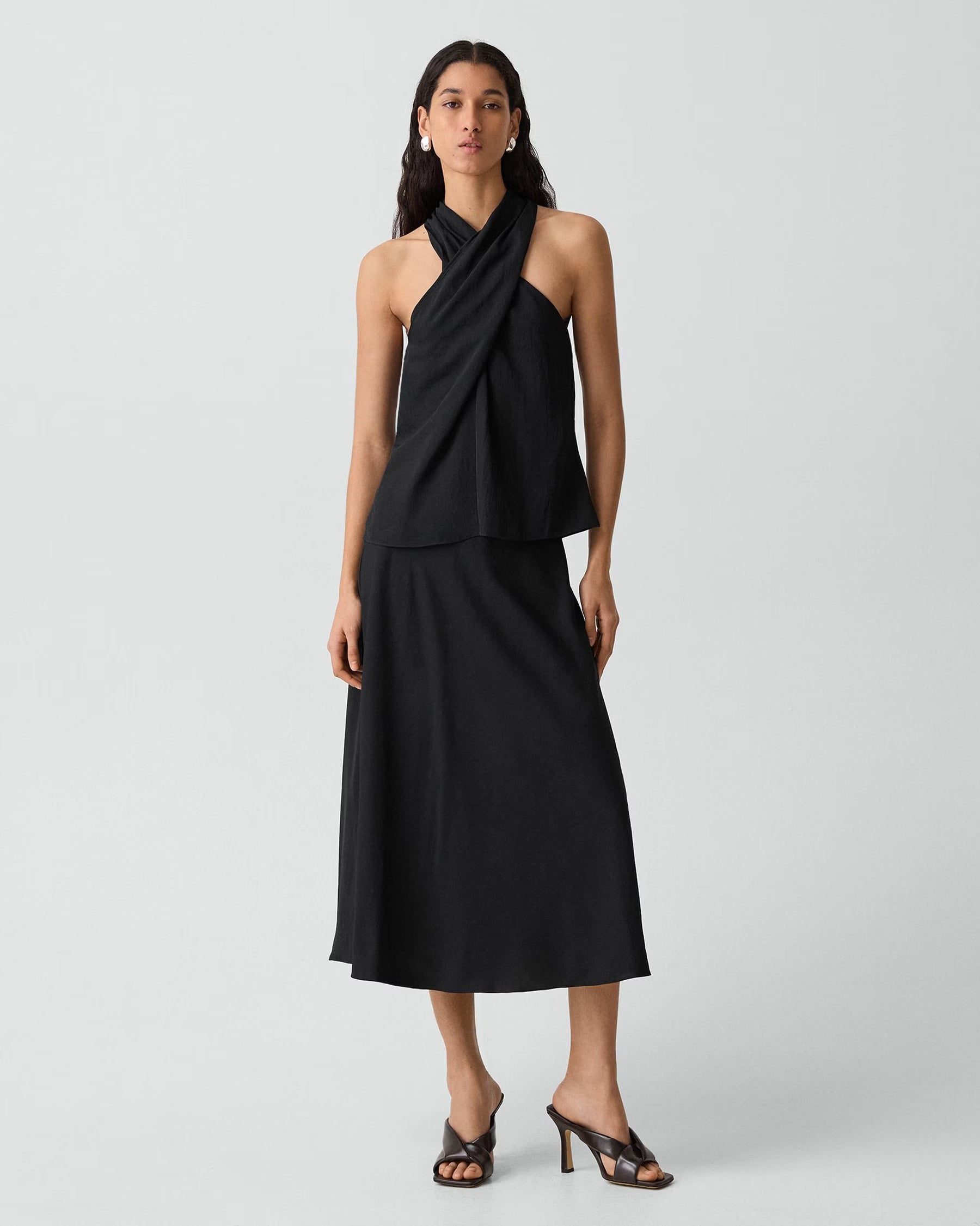 Theory Twisted Halter Top in Washed Twill - Black