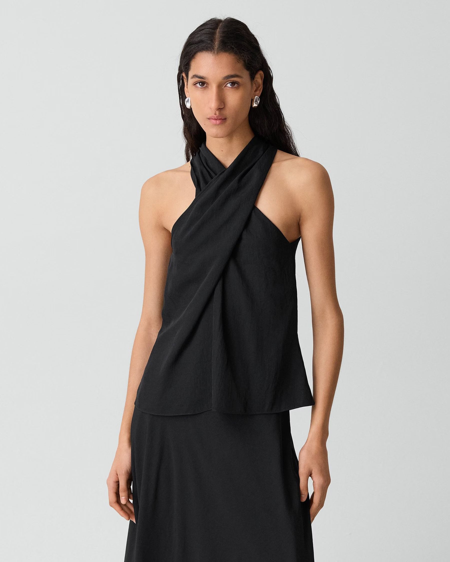 Theory Twisted Halter Top in Washed Twill - Black
