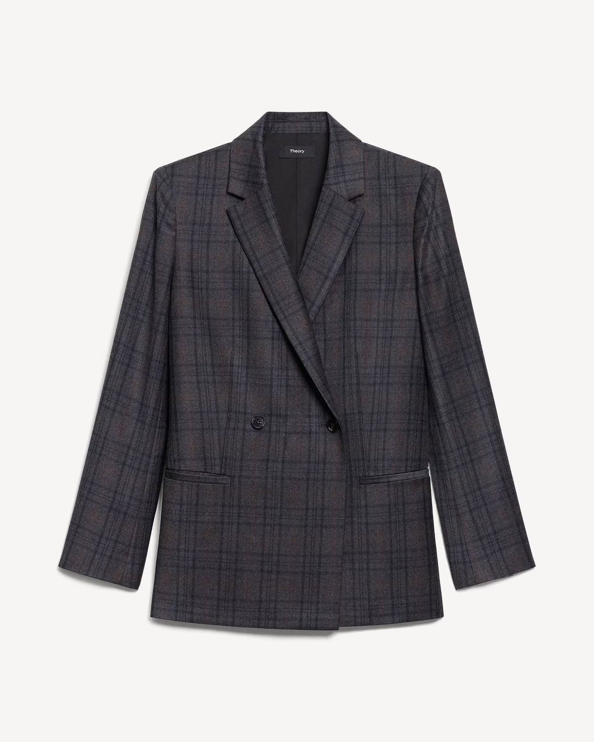 Theory Relaxed Double-Breasted Blazer in Plaid Sleek Flannel