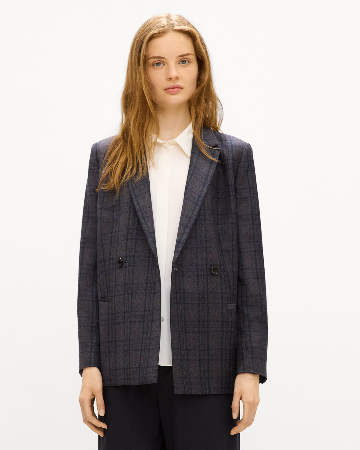 Theory Relaxed Double-Breasted Blazer in Plaid Sleek Flannel