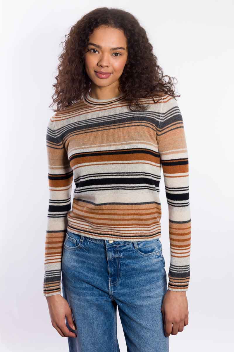 Kinross &Isla Micro Stripe Crew- Almond Multi