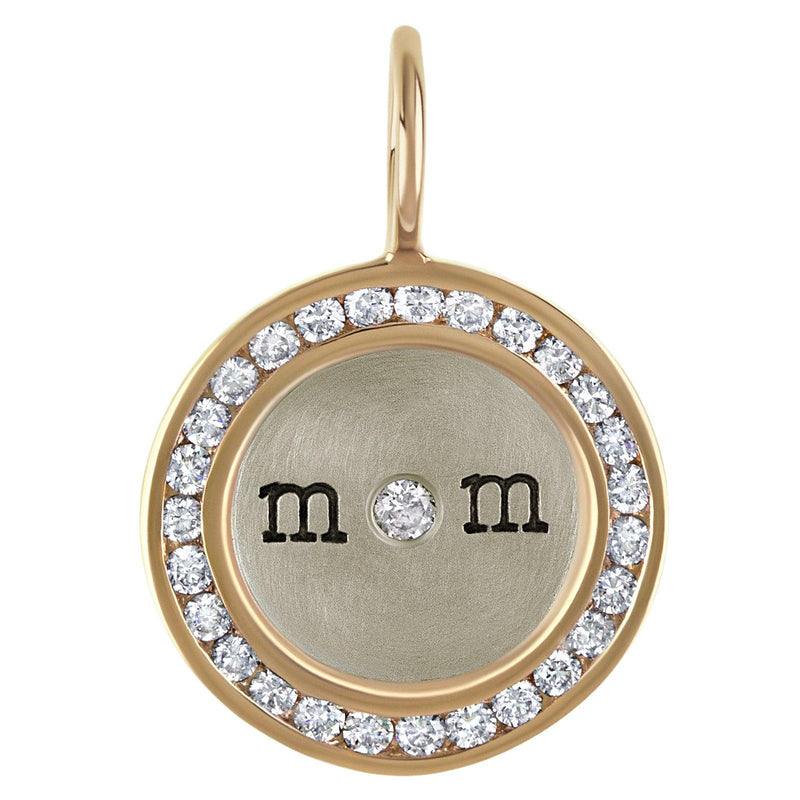 Mini White Gold Round Charm - Mom