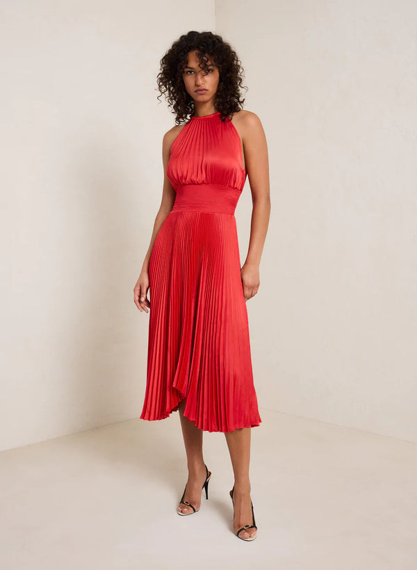 Renzo Pleated Midi Dress - Red